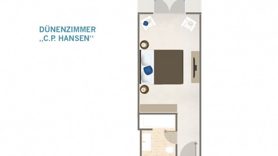 Grundriss des C.P. Hansen-Zimmers im Söl’ring Hof auf Sylt.