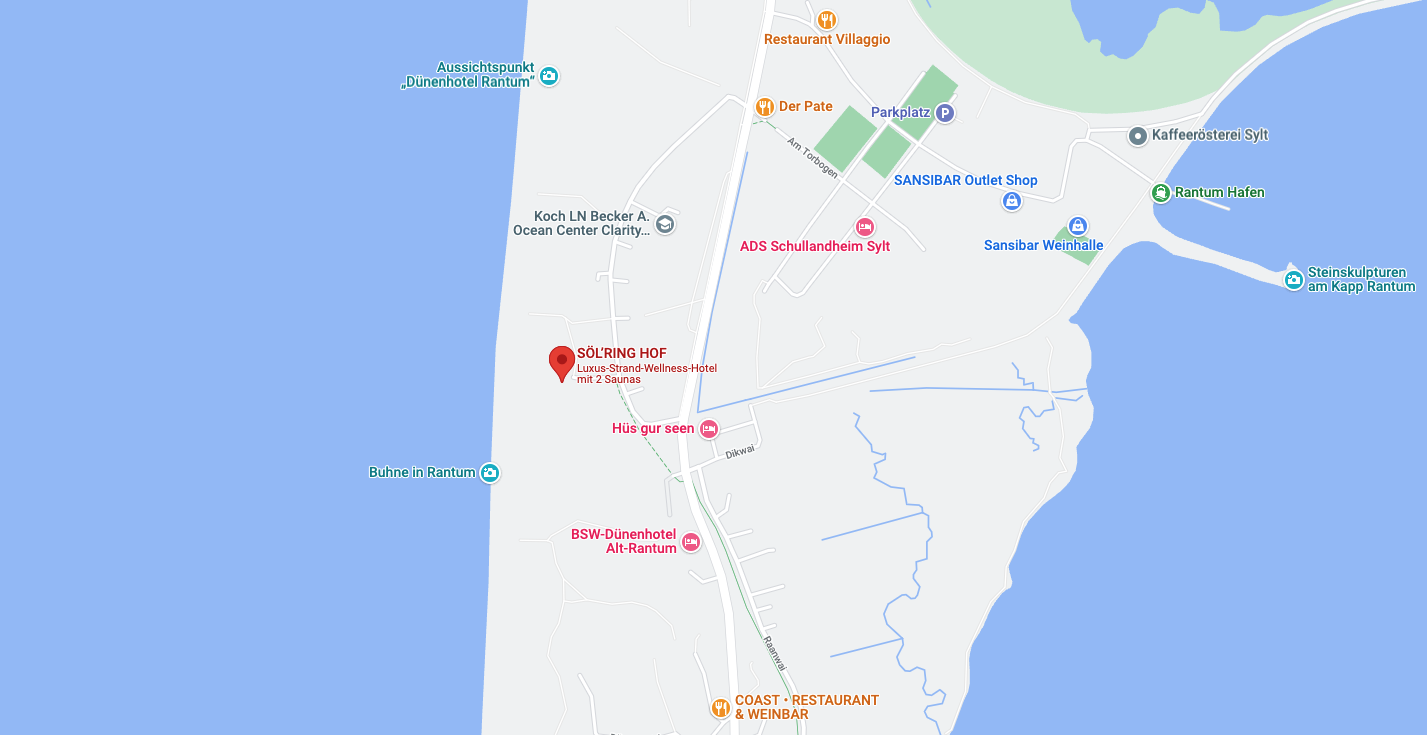 Karte der Küste von Rantum: Restaurants, Parkplätze, Strandzugang, Wassergrenzen.
