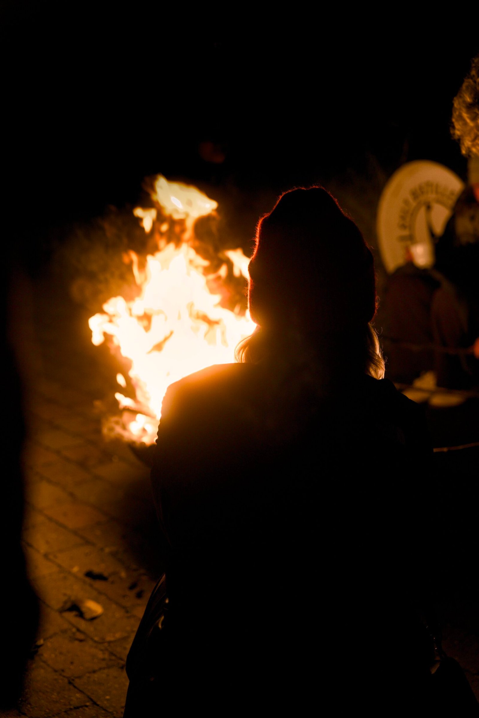 Mützenträgerin am nächtlichen Feuer; dahinter Text "Lêhrlings Hof 1.0".