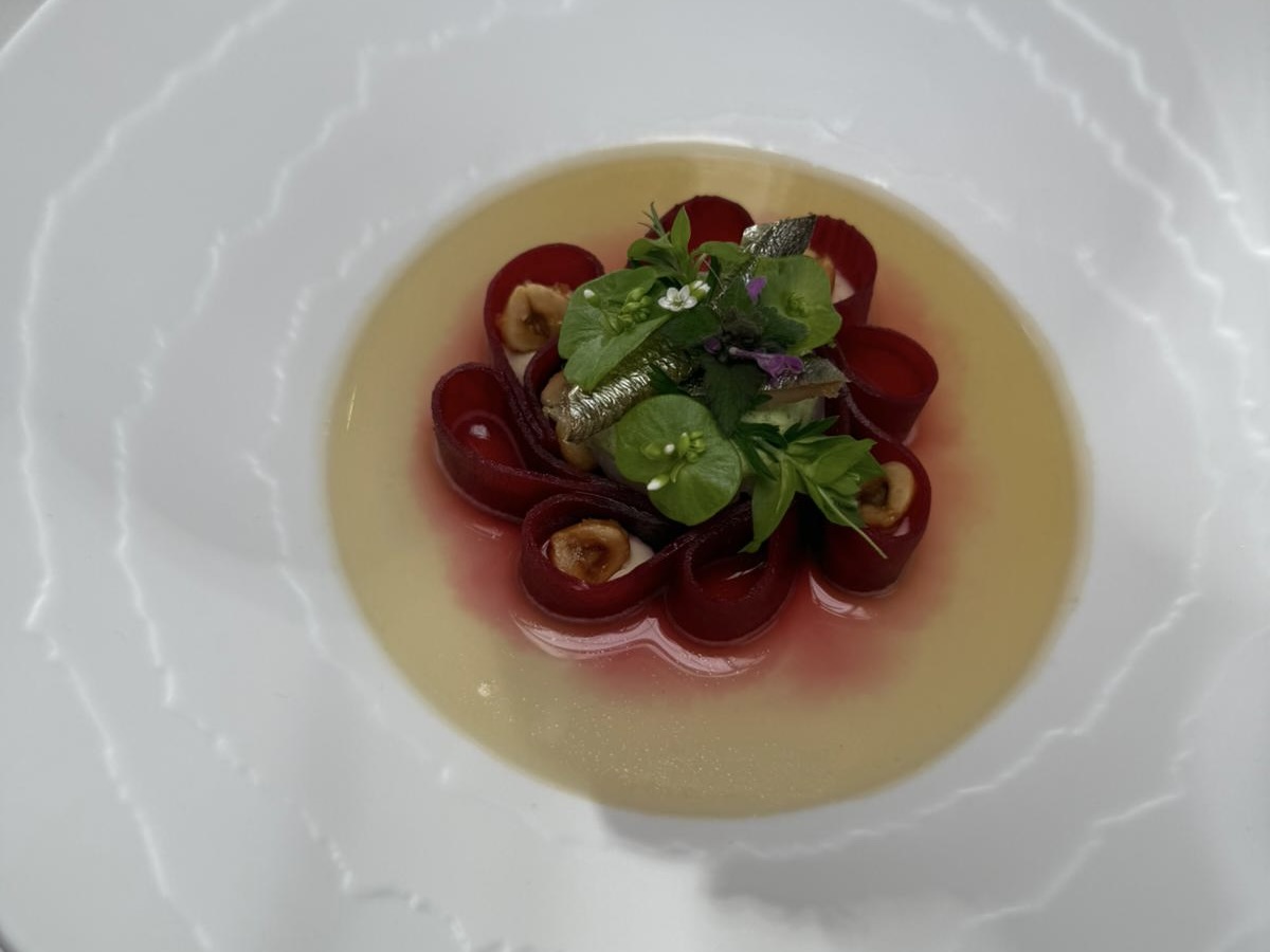 Precise plate of clear broth, curled red slices, herbs, fish.
