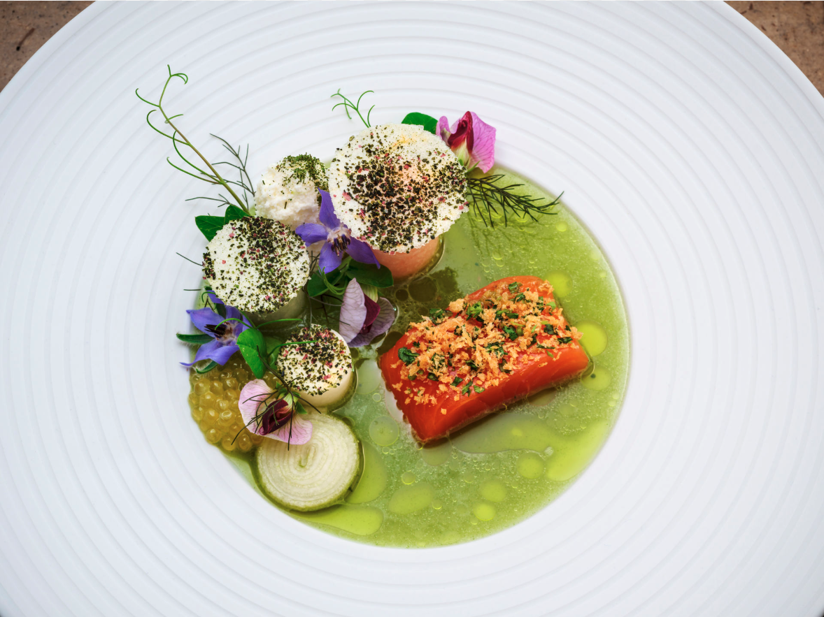Orangefarbener Fisch auf grüner Soße, mit Kräutern, essbaren Blüten und Sahnetupfern.